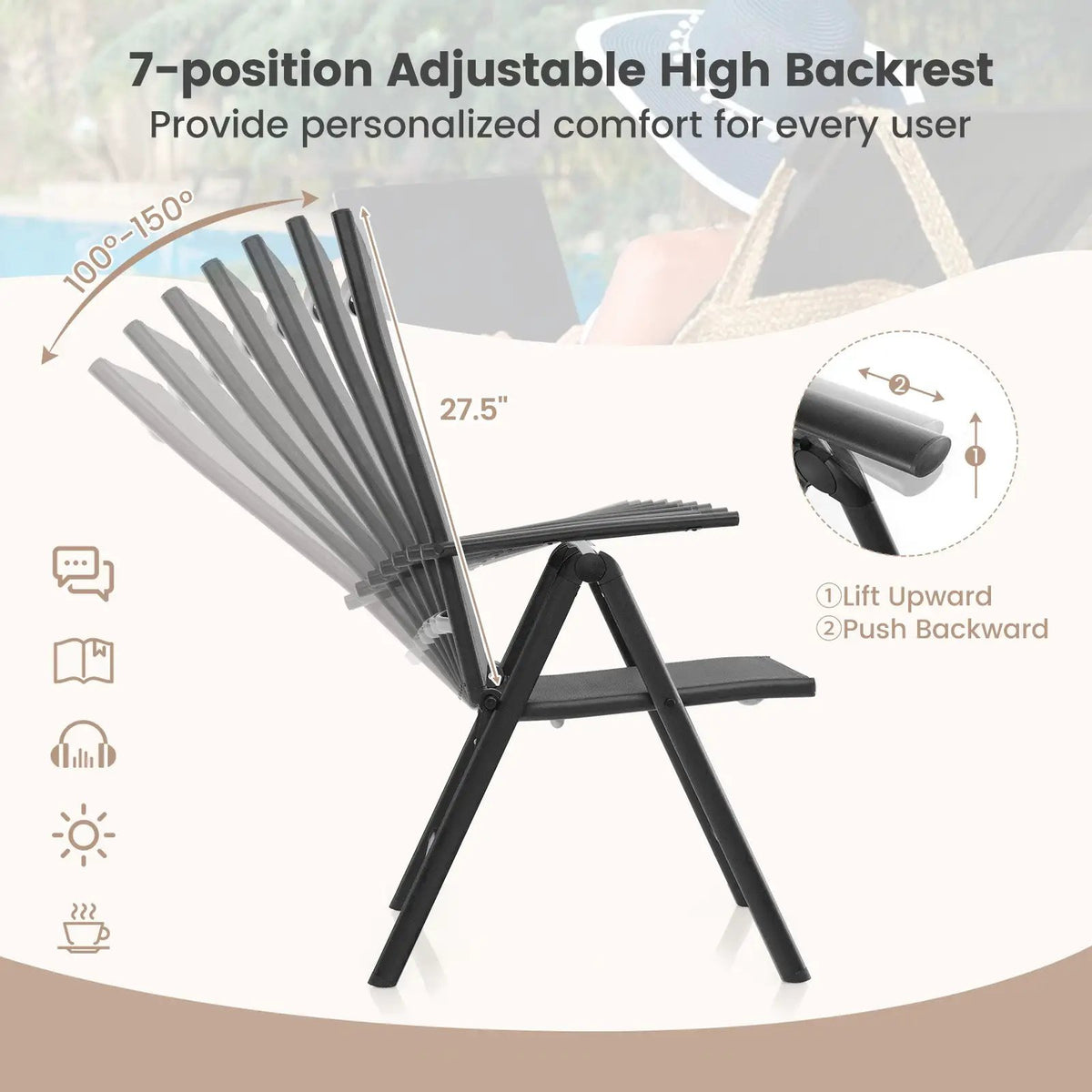 1 Piece Patio Folding Dining Chairs with 7-Level Adjustable High Backrest, photo 12 of 16