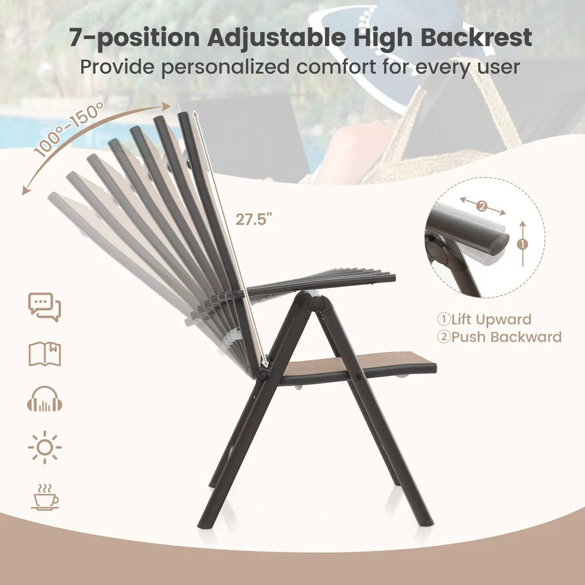 1 Piece Patio Folding Dining Chairs with 7-Level Adjustable High Backrest, photo 11 of 16