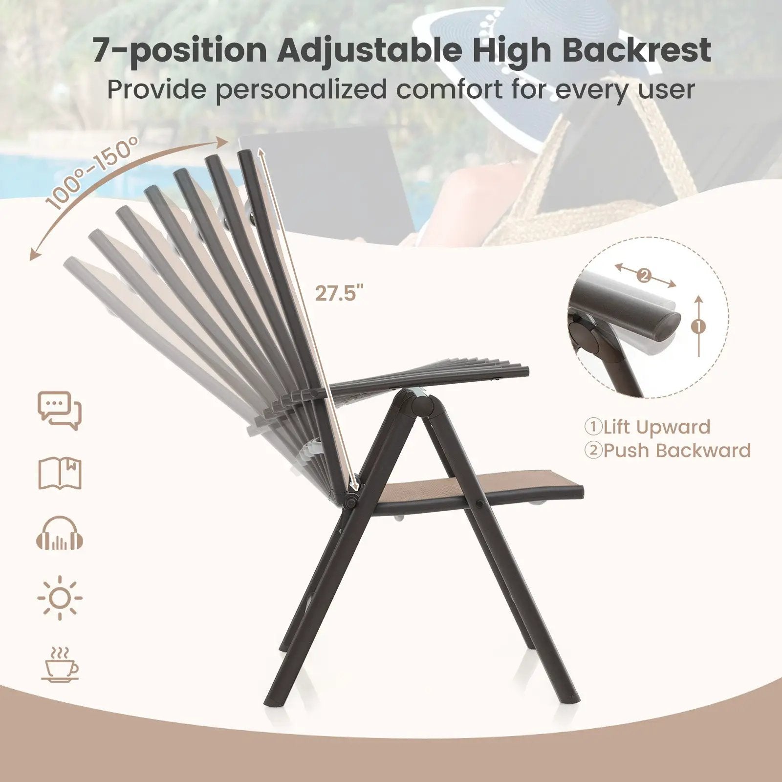 1 Piece Patio Folding Dining Chairs with 7-Level Adjustable High Backrest by DirectDeals