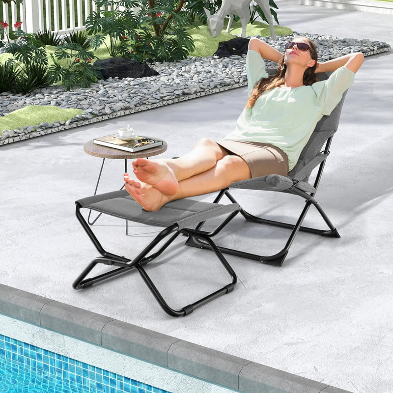 Patio Folding Sling Chair with Ottoman Footrest and Removable Cushion-Gray by DirectDeals