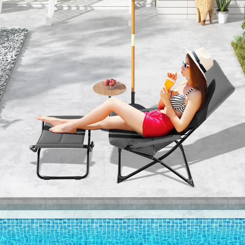 Patio Folding Sling Chair with Ottoman Footrest and Removable Cushion-Gray by DirectDeals