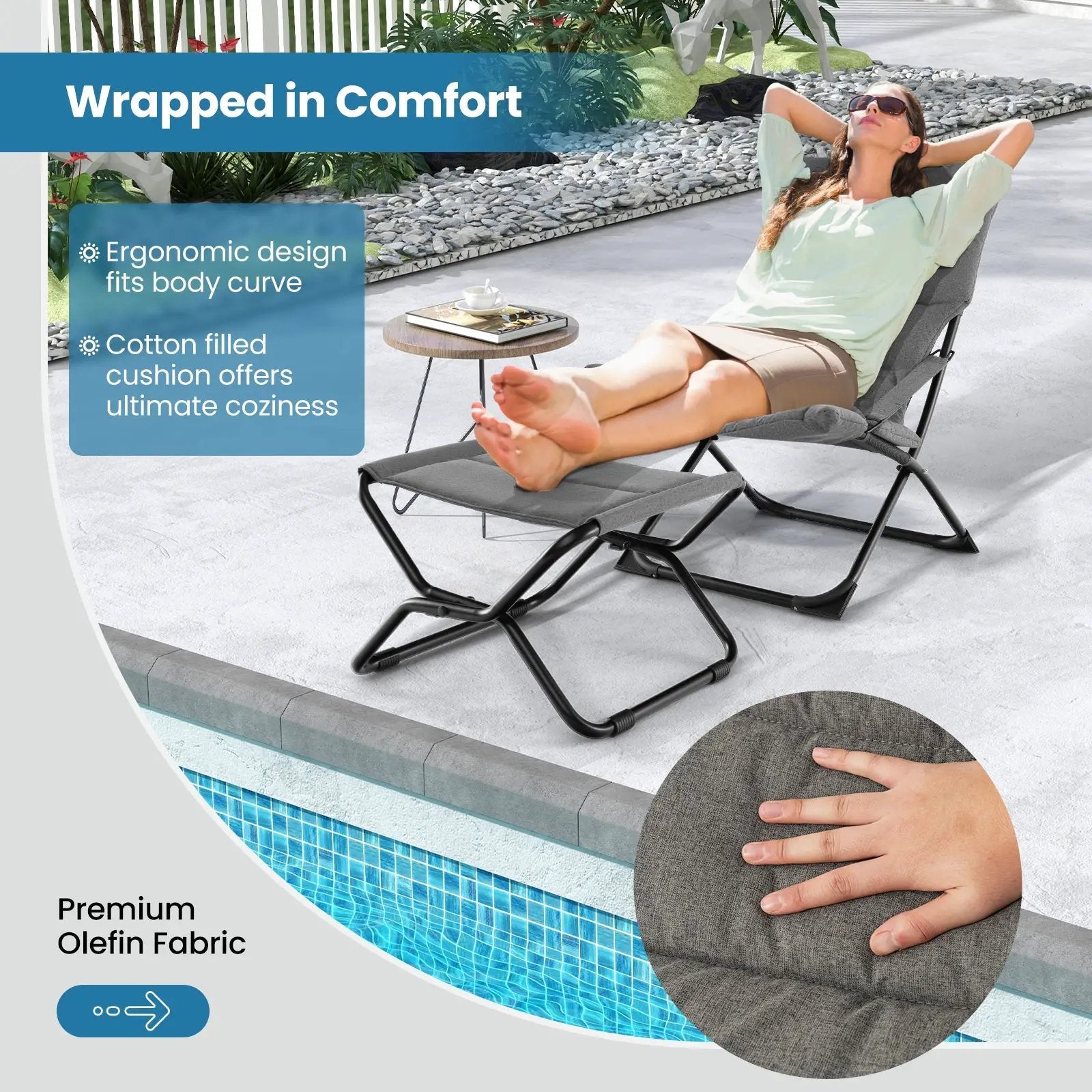 Patio Folding Sling Chair with Ottoman Footrest and Removable Cushion-Gray by DirectDeals