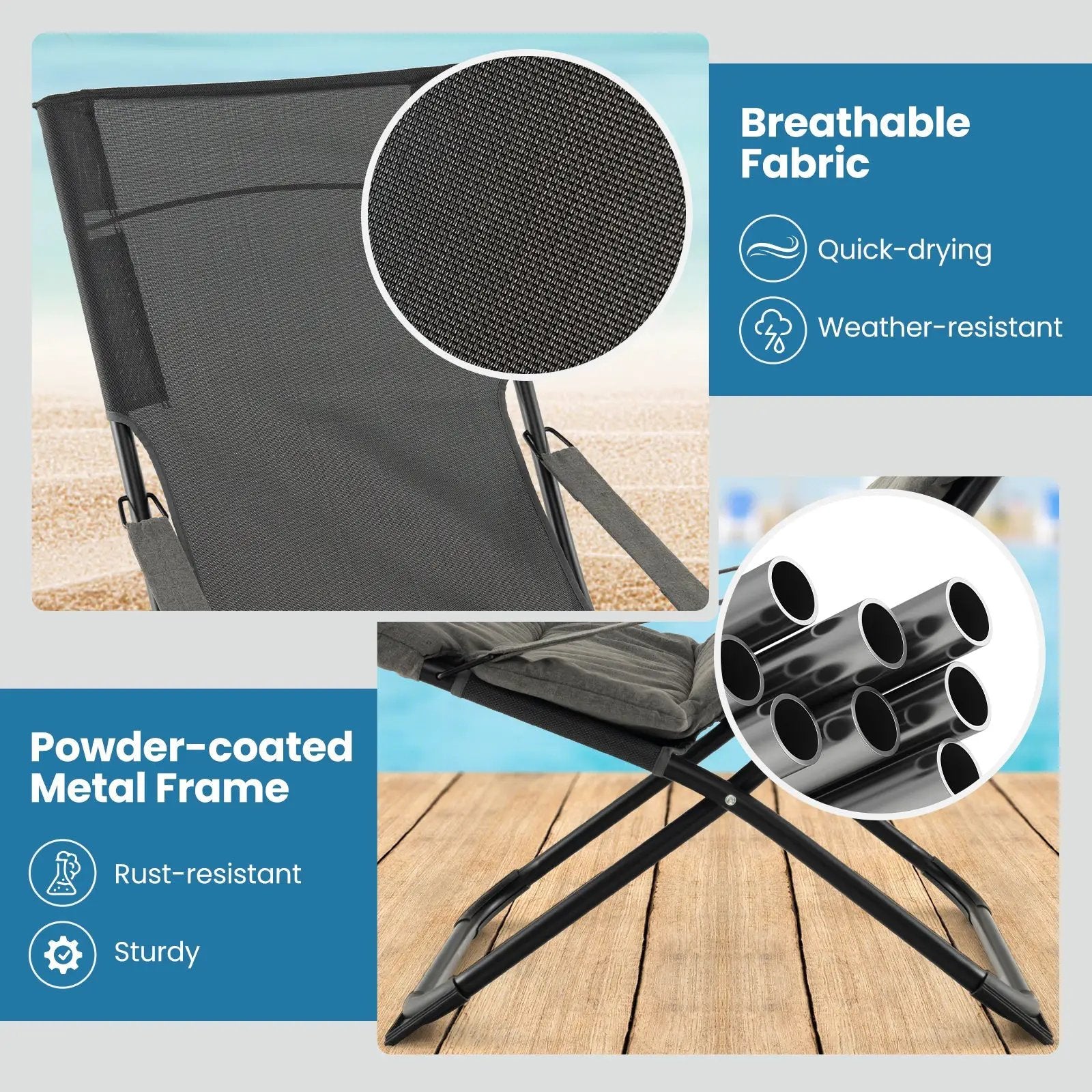 Patio Folding Sling Chair with Ottoman Footrest and Removable Cushion-Gray by DirectDeals