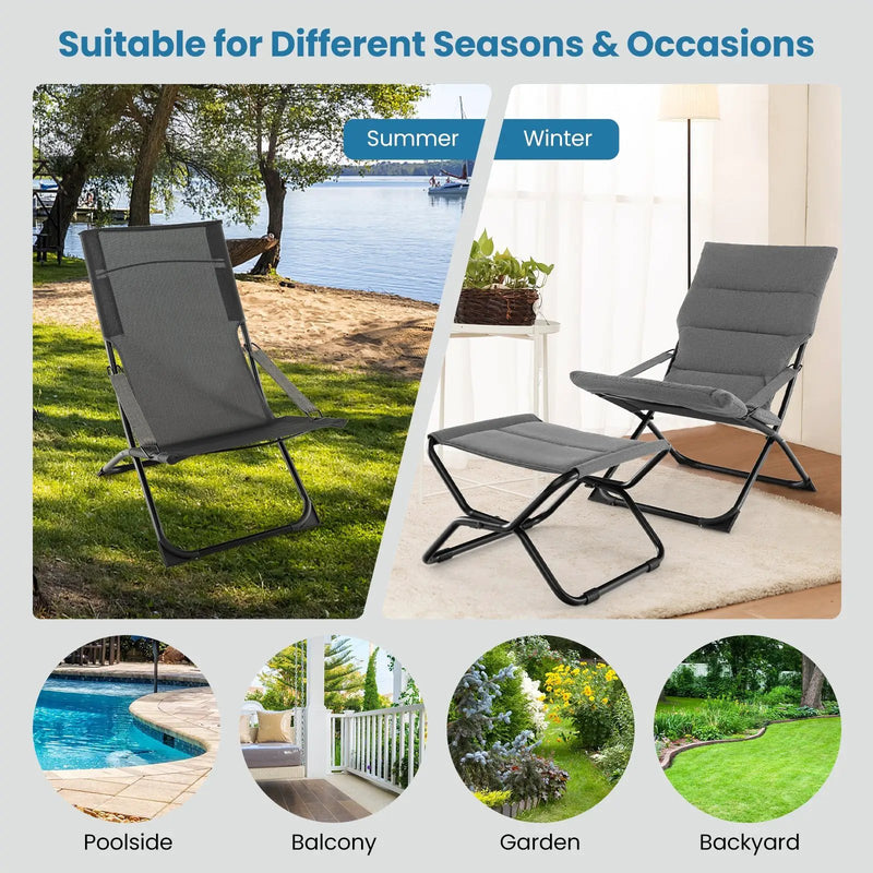 Patio Folding Sling Chair with Ottoman Footrest and Removable Cushion-Gray by DirectDeals