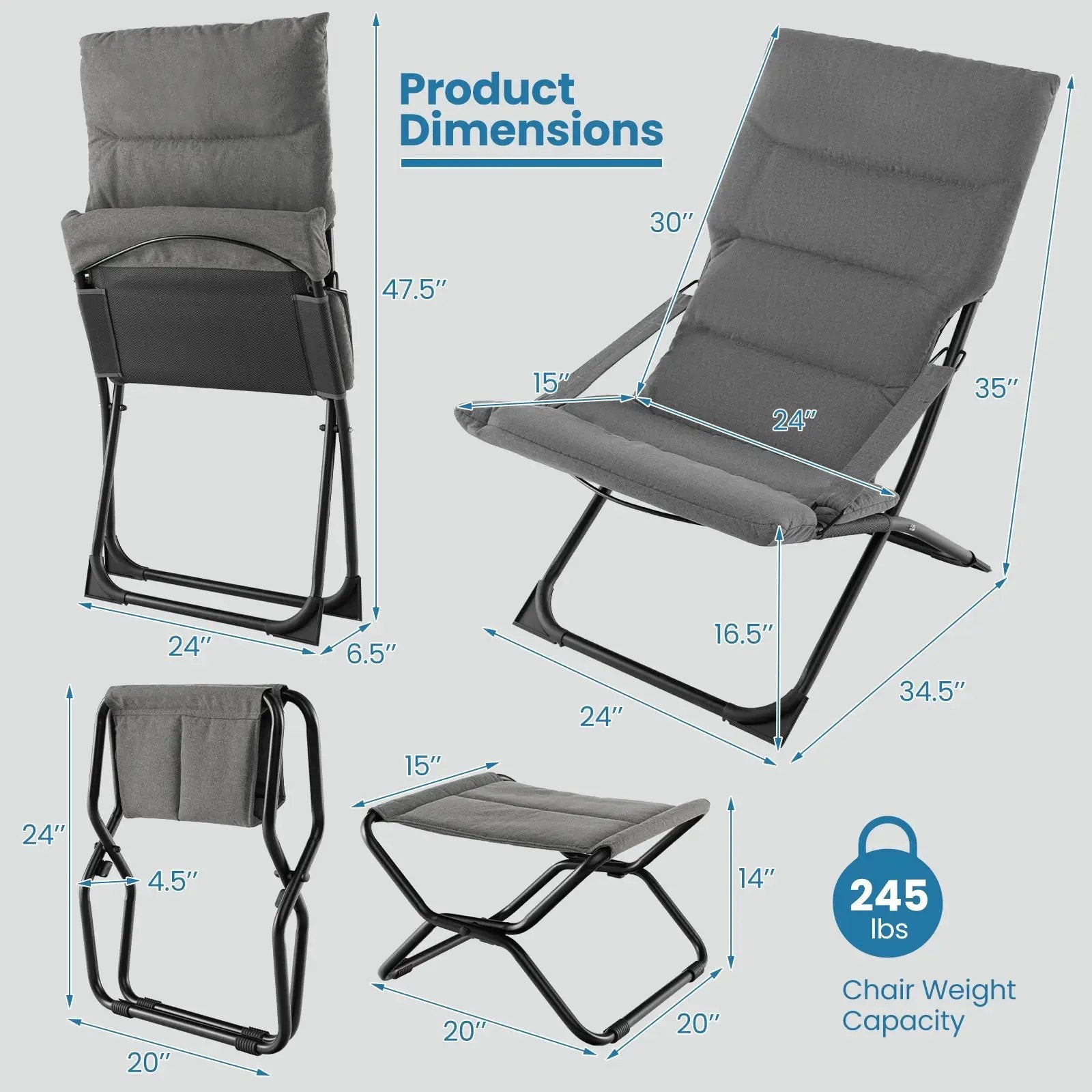 Patio Folding Sling Chair with Ottoman Footrest and Removable Cushion-Gray by DirectDeals