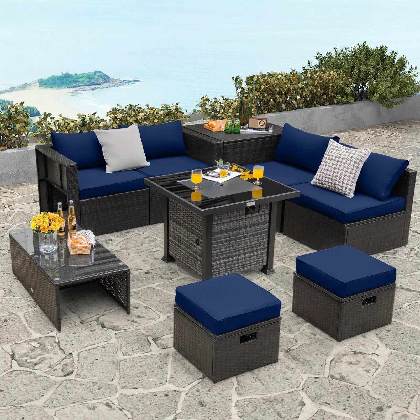 Outdoor 9 Pieces Patio Furniture Set with 50 000 BTU Propane Fire Pit Table by DirectDeals