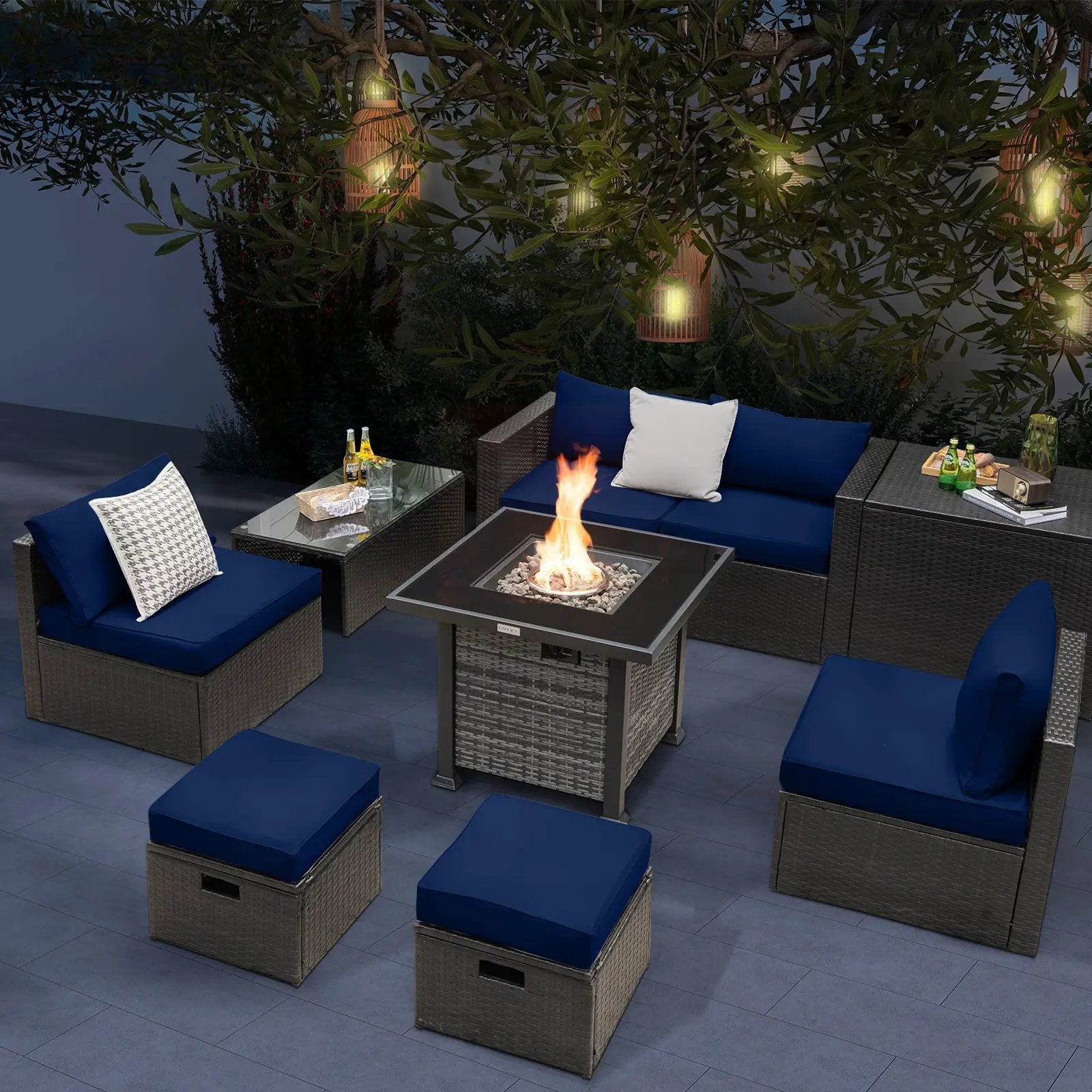 Outdoor 9 Pieces Patio Furniture Set with 50 000 BTU Propane Fire Pit Table by DirectDeals