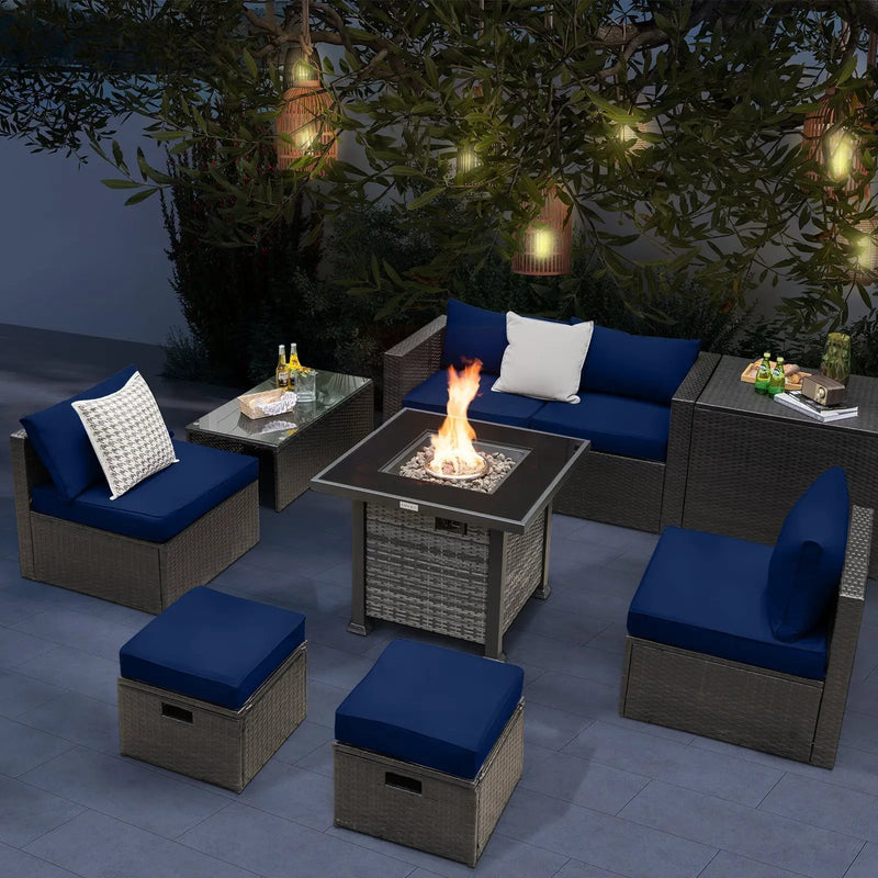 Outdoor 9 Pieces Patio Furniture Set with 50 000 BTU Propane Fire Pit Table by DirectDeals