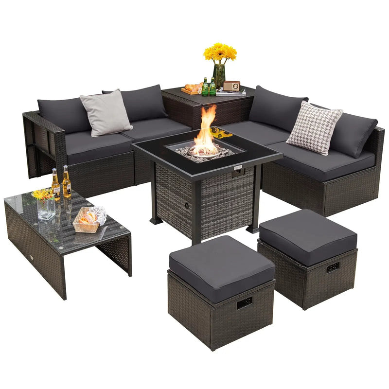 Outdoor 9 Pieces Patio Furniture Set with 50 000 BTU Propane Fire Pit Table by DirectDeals