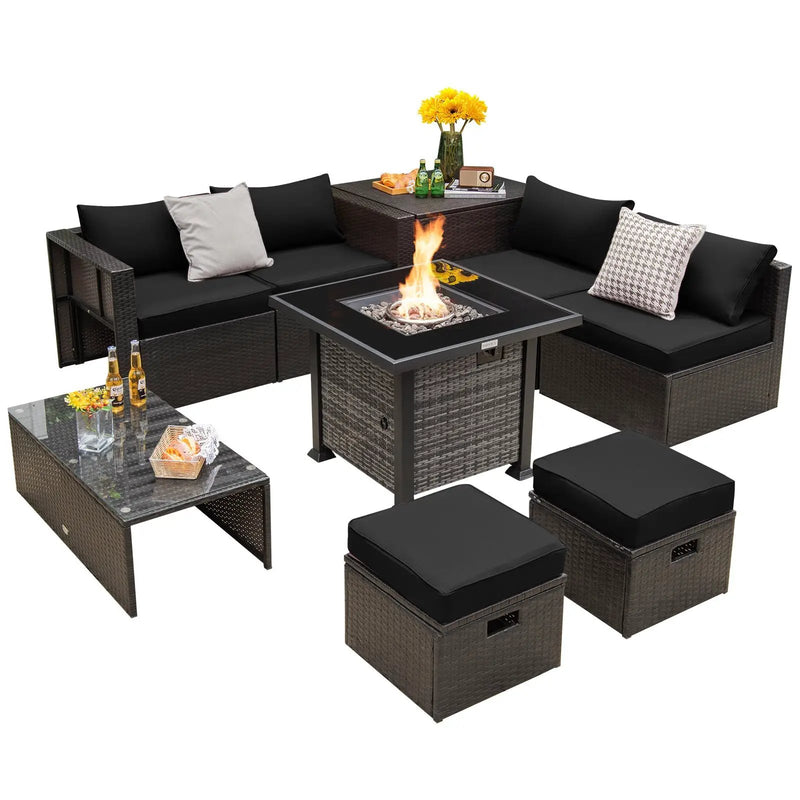 Outdoor 9 Pieces Patio Furniture Set with 50 000 BTU Propane Fire Pit Table by DirectDeals