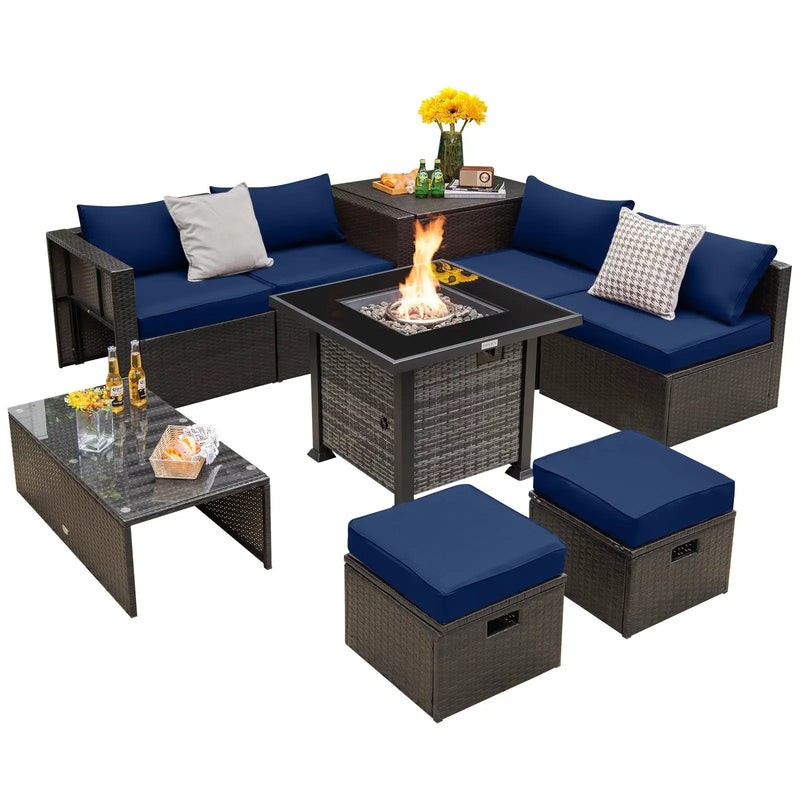 Outdoor 9 Pieces Patio Furniture Set with 50 000 BTU Propane Fire Pit Table by DirectDeals