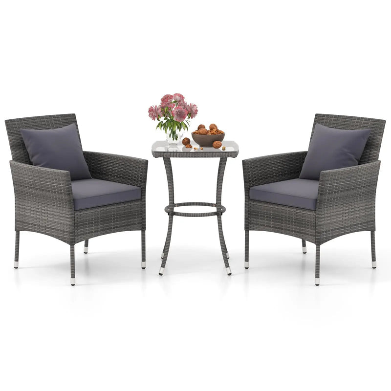 3 Pieces Patio Furniture Set with Cushioned Patio Chairs and Tempered Glass Coffee Table by DirectDeals