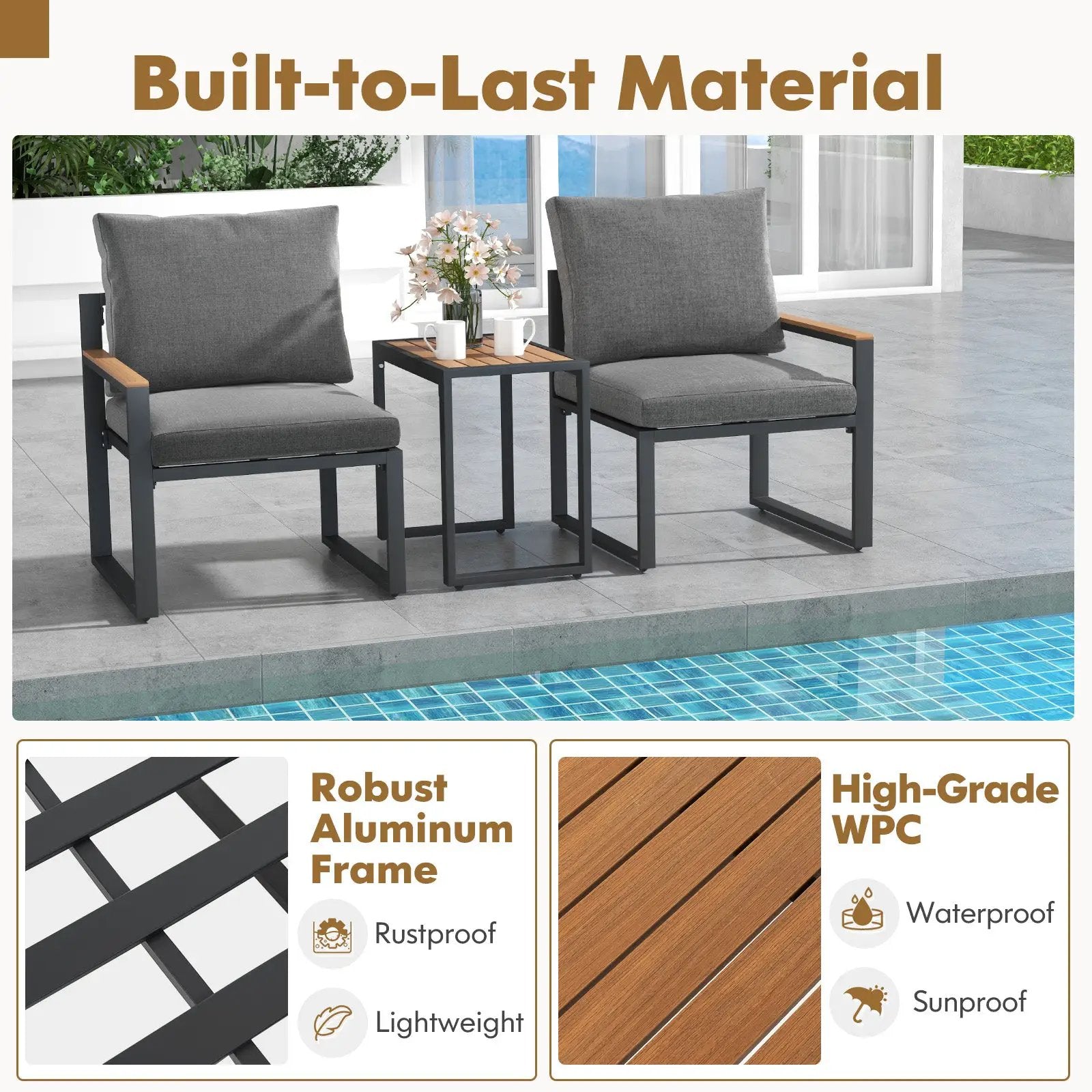 5 Pieces Aluminum Frame Weatherproof Outdoor Conversation Set with Soft Cushions-Gray by DirectDeals