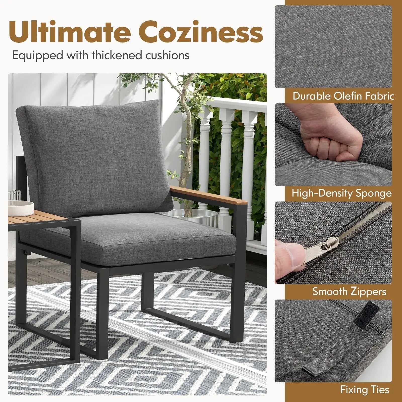5 Pieces Aluminum Frame Weatherproof Outdoor Conversation Set with Soft Cushions-Gray by DirectDeals