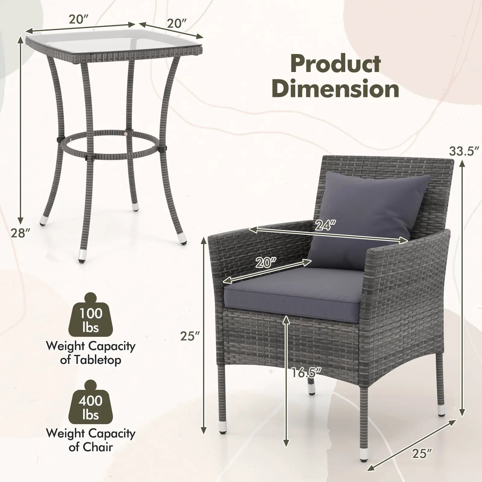 3 Pieces Patio Furniture Set with Cushioned Patio Chairs and Tempered Glass Coffee Table by DirectDeals
