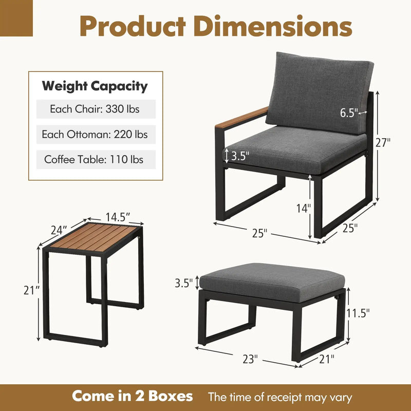 5 Pieces Aluminum Frame Weatherproof Outdoor Conversation Set with Soft Cushions-Gray by DirectDeals