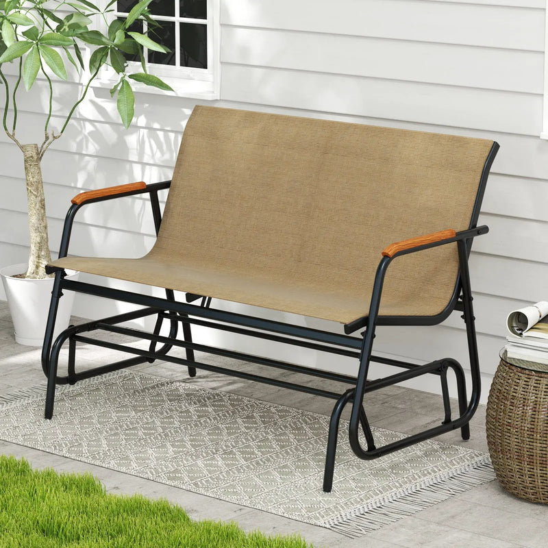 Patio Glider Bench with Curved Teak Armrests and Breathable Fabric Seat for 2 People-Brown by DirectDeals