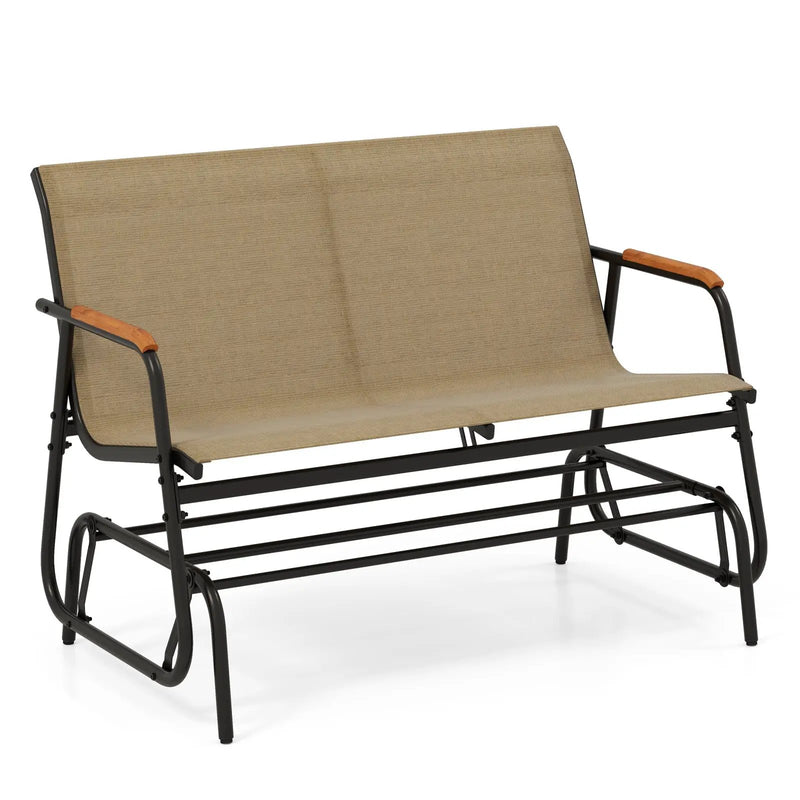 Patio Glider Bench with Curved Teak Armrests and Breathable Fabric Seat for 2 People-Brown by DirectDeals