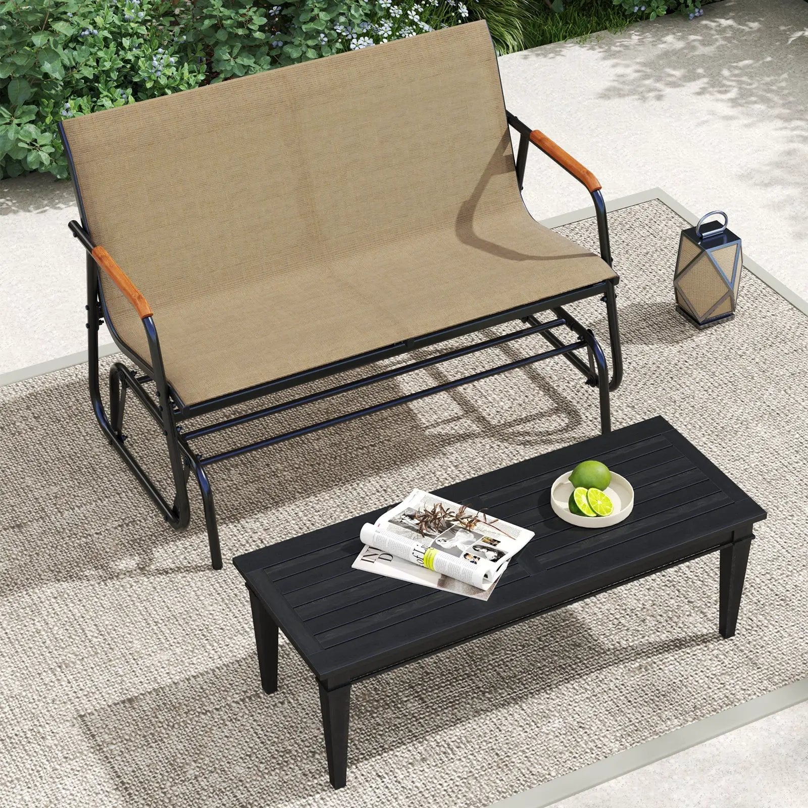 Patio Glider Bench with Curved Teak Armrests and Breathable Fabric Seat for 2 People-Brown by DirectDeals