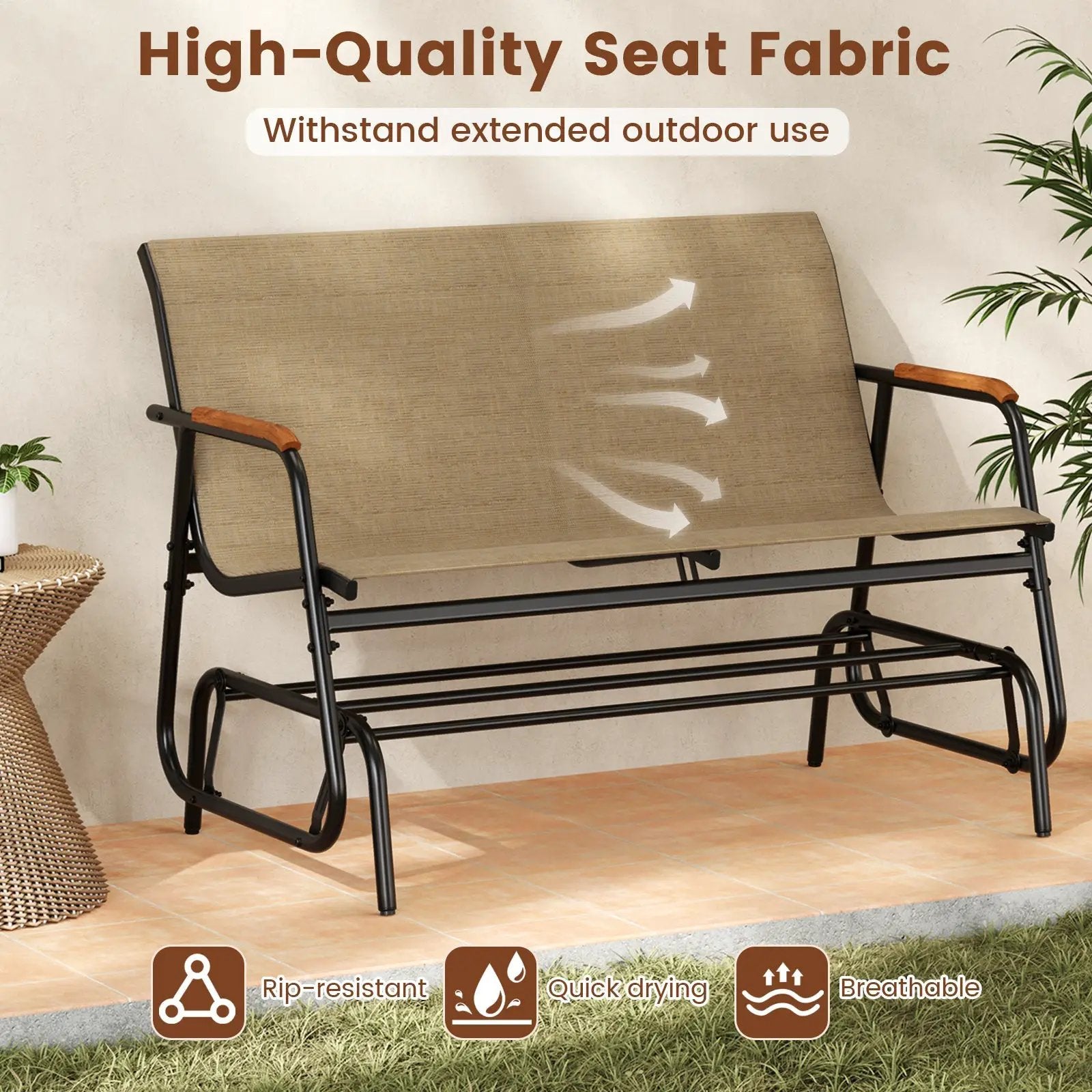 Patio Glider Bench with Curved Teak Armrests and Breathable Fabric Seat for 2 People-Brown by DirectDeals