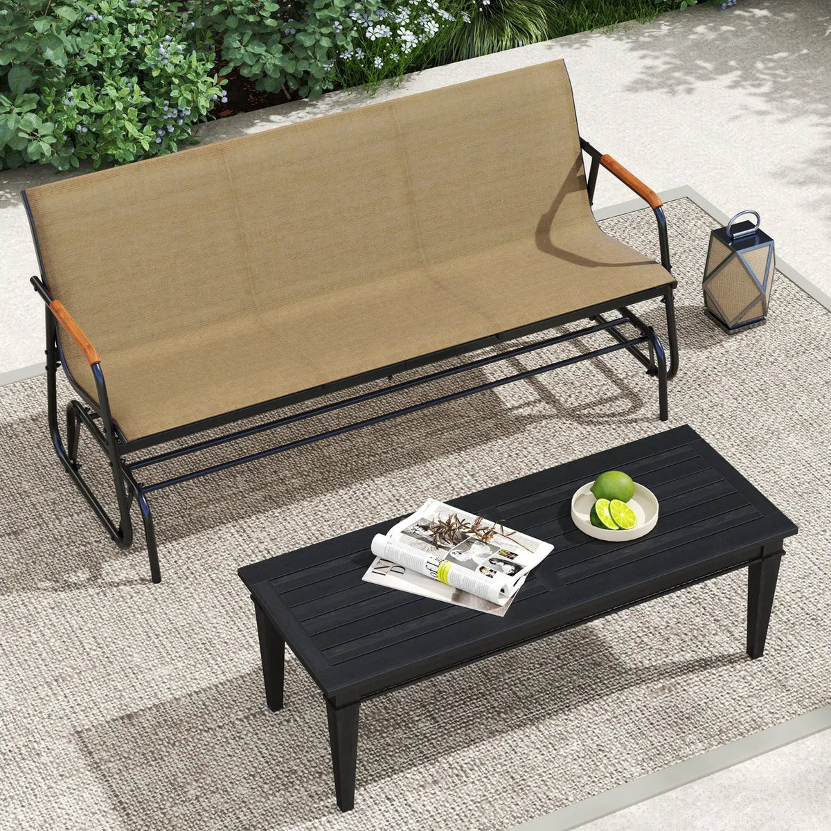 Patio Glider Bench with Curved Teak Armrests and Breathable Fabric Seat for 3 People-Brown, photo 5 of 9