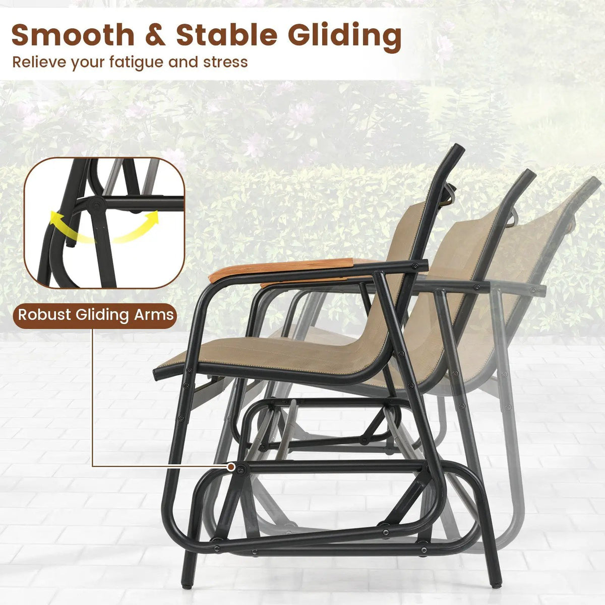 Patio Glider Bench with Curved Teak Armrests and Breathable Fabric Seat for 3 People-Brown, photo 6 of 9