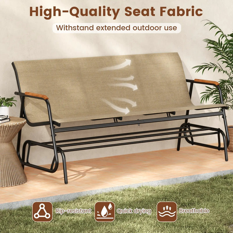 Patio Glider Bench with Curved Teak Armrests and Breathable Fabric Seat for 3 People-Brown by DirectDeals