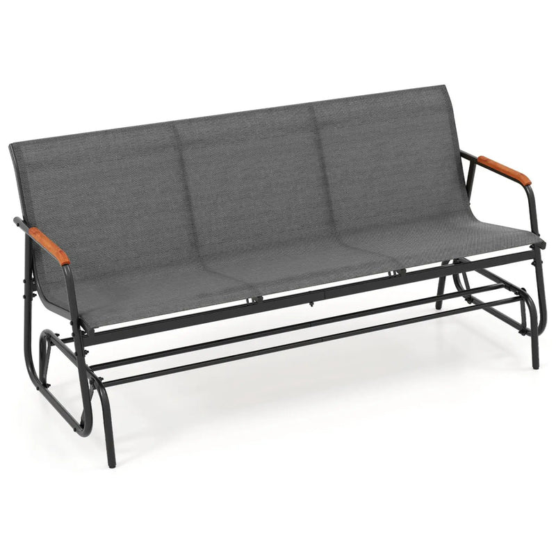 Patio Glider Bench with Curved Teak Armrests and Breathable Fabric Seat for 3 People-Brown by DirectDeals
