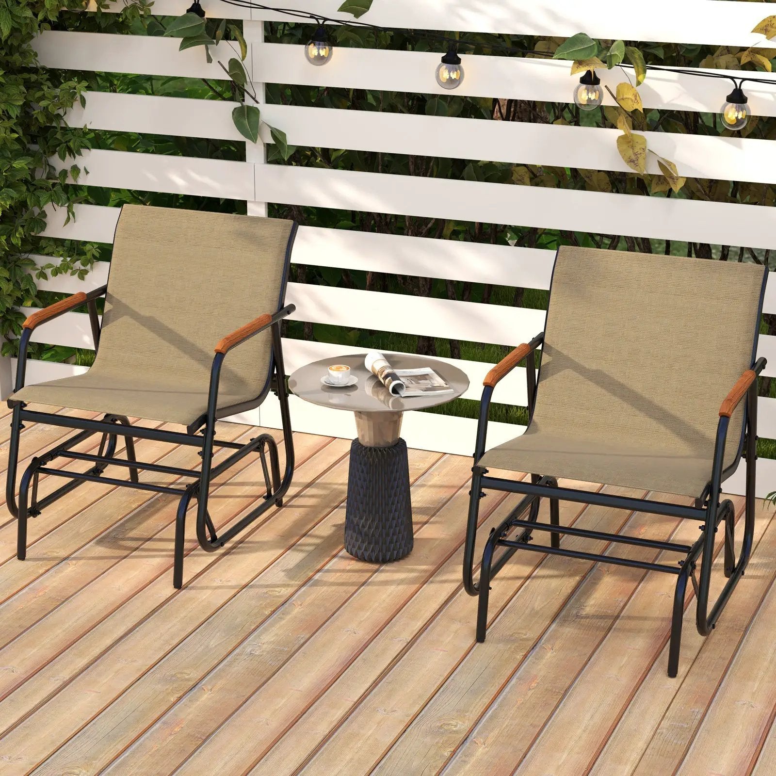 Patio Glider Chair Set of 2 with Curved Teak Armrests and Breathable Fabric Seat-Brown by DirectDeals
