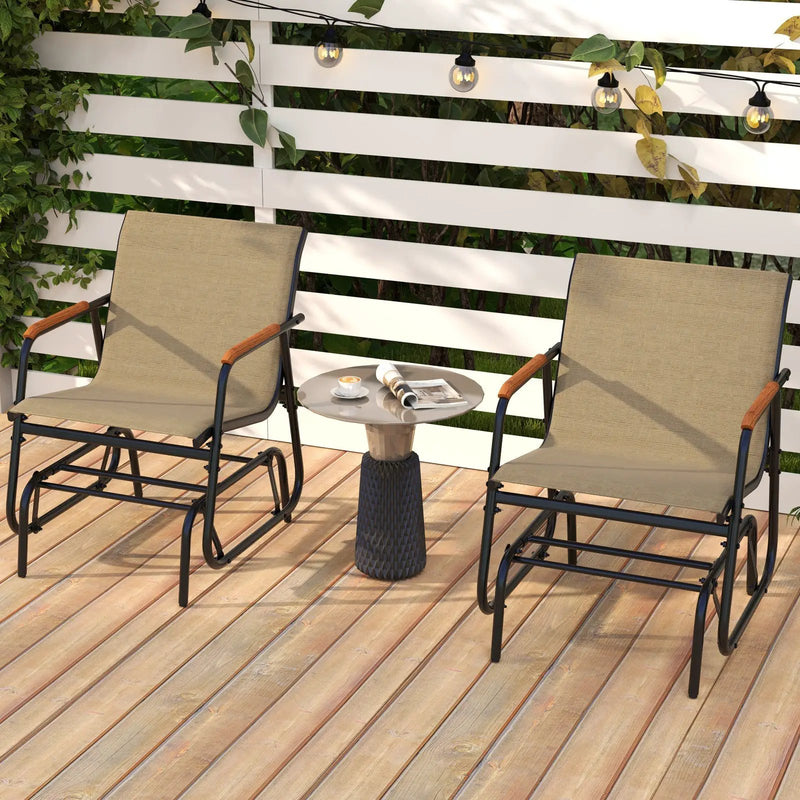 Patio Glider Chair Set of 2 with Curved Teak Armrests and Breathable Fabric Seat-Brown by DirectDeals