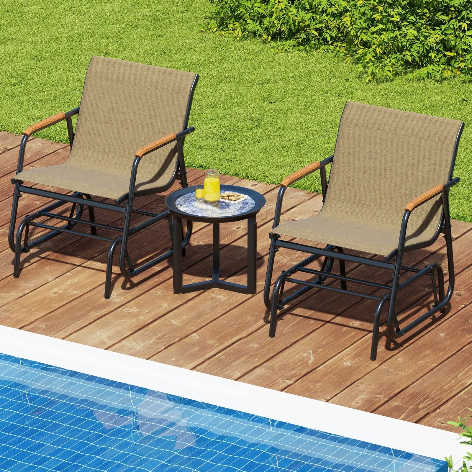 Patio Glider Chair Set of 2 with Curved Teak Armrests and Breathable Fabric Seat-Brown by DirectDeals