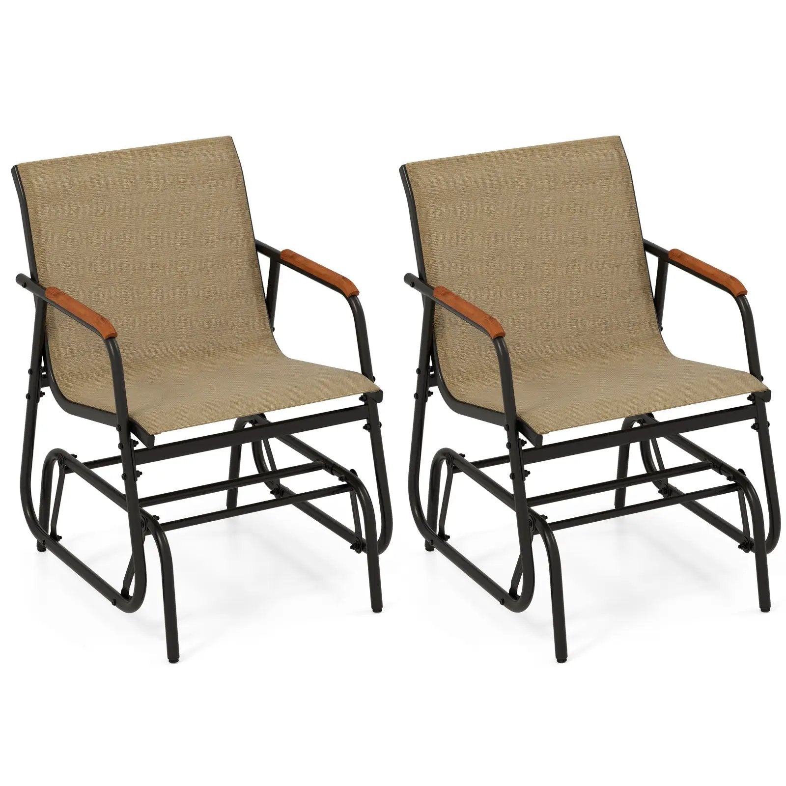 Patio Glider Chair Set of 2 with Curved Teak Armrests and Breathable Fabric Seat-Brown by DirectDeals