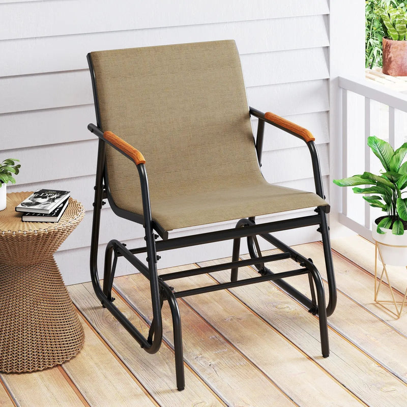 Patio Glider Chair Set of 2 with Curved Teak Armrests and Breathable Fabric Seat-Brown by DirectDeals