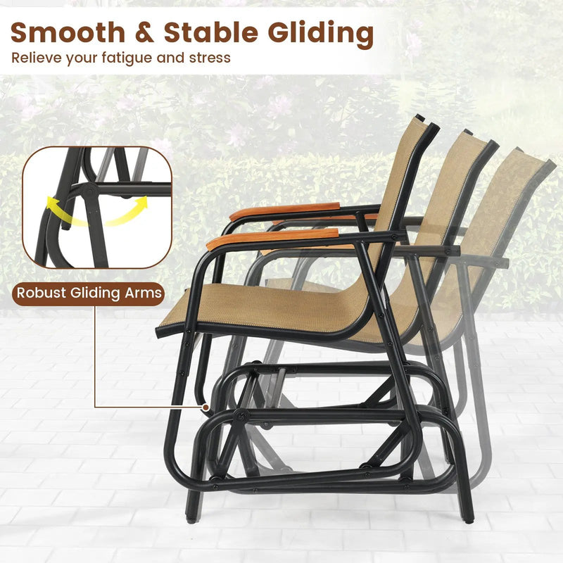 Patio Glider Chair Set of 2 with Curved Teak Armrests and Breathable Fabric Seat-Brown by DirectDeals