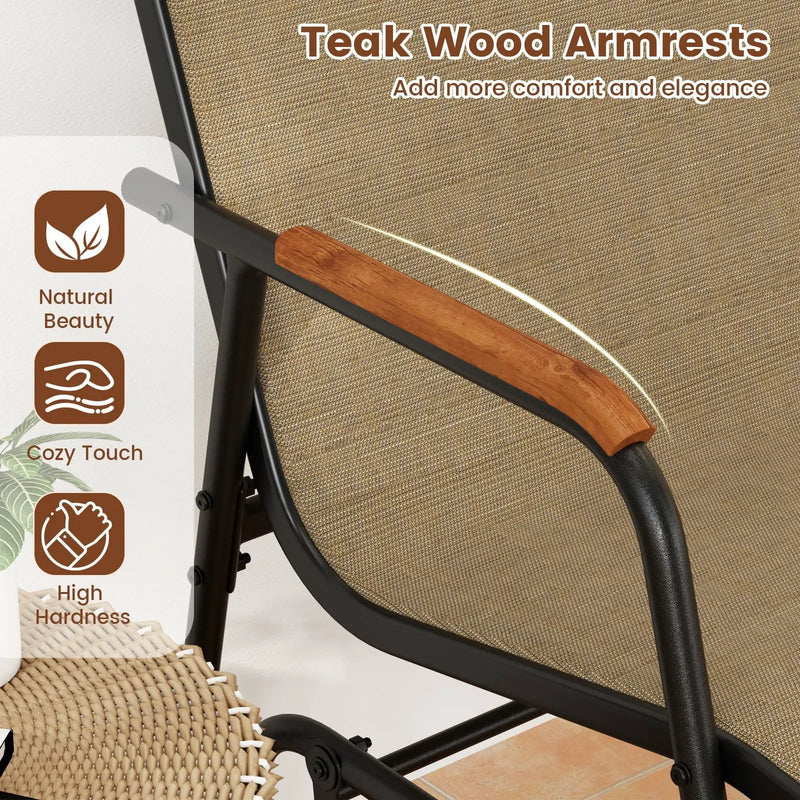 Patio Glider Chair Set of 2 with Curved Teak Armrests and Breathable Fabric Seat-Brown by DirectDeals