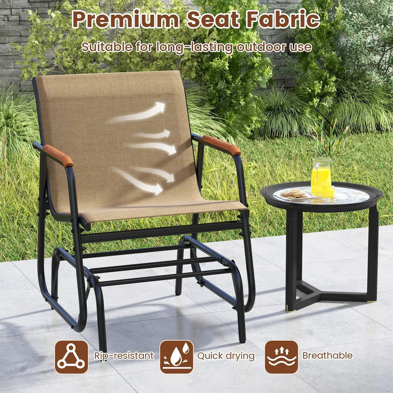 Patio Glider Chair Set of 2 with Curved Teak Armrests and Breathable Fabric Seat-Brown by DirectDeals