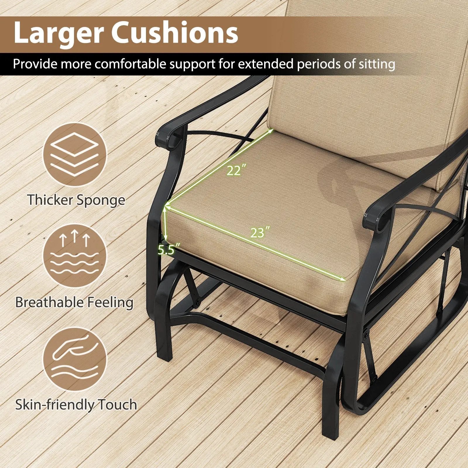 Patio Glider Rocking Chair with Metal Frame and Thick Cushions-Brown by DirectDeals