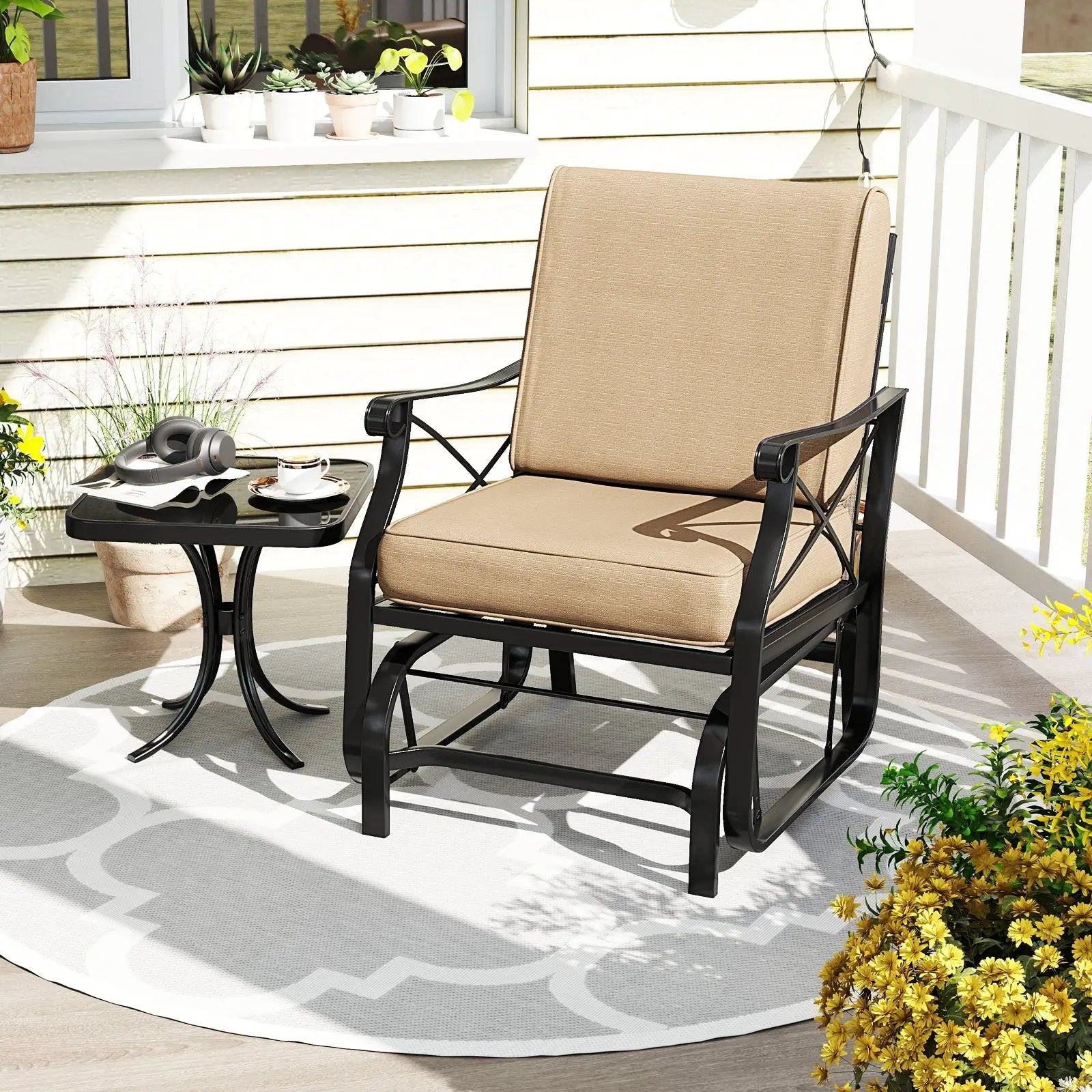 Patio Glider Rocking Chair with Metal Frame and Thick Cushions-Brown by DirectDeals