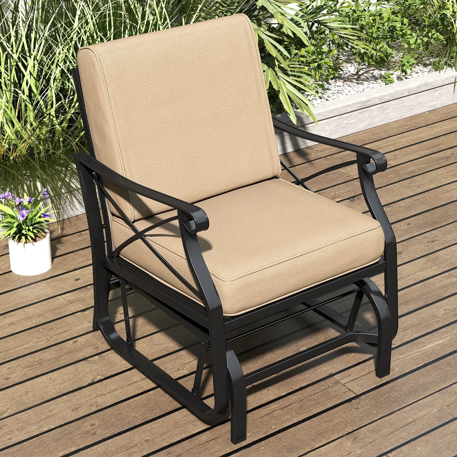 Patio Glider Rocking Chair with Metal Frame and Thick Cushions-Brown by DirectDeals