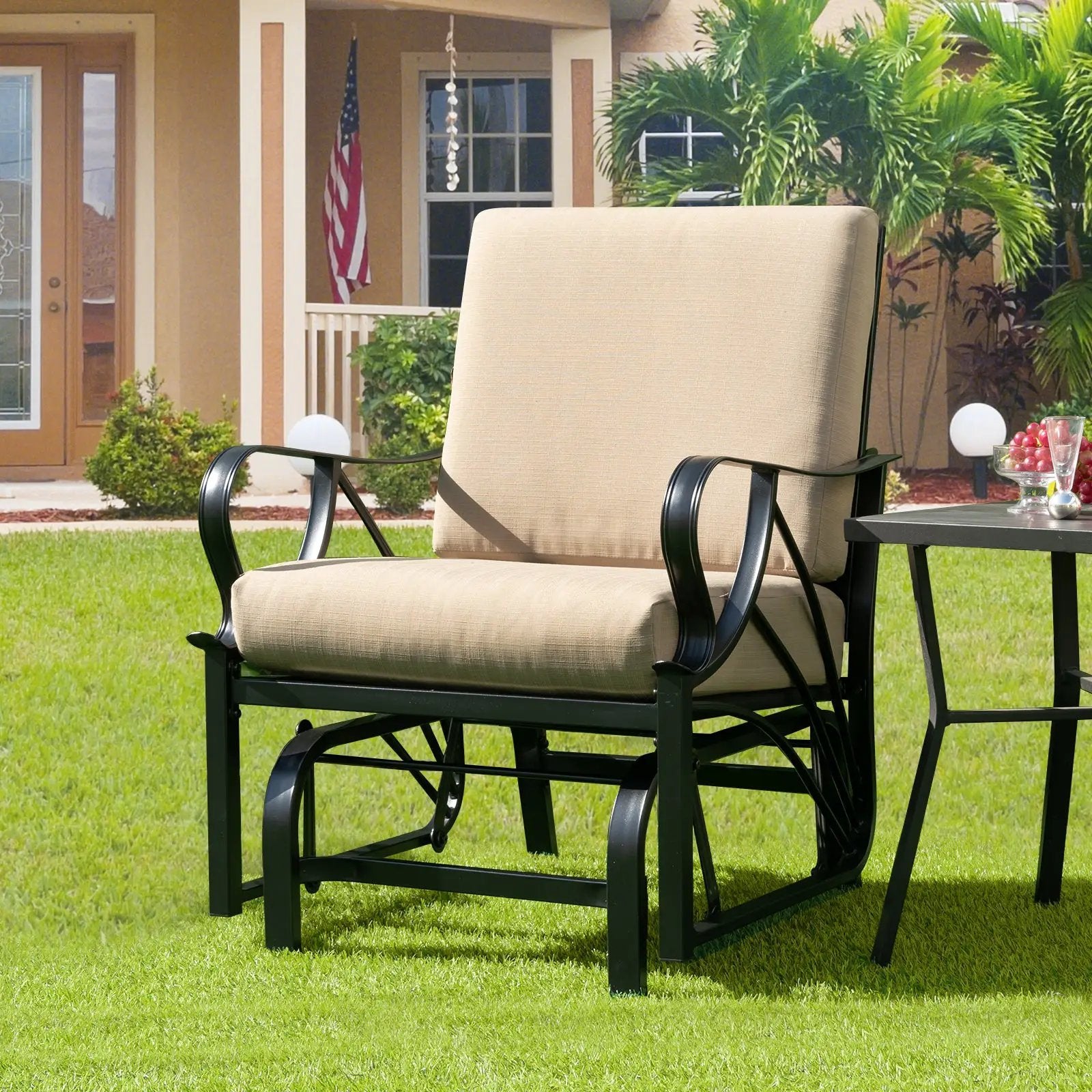Patio Glider Rocking Chair with Thick Cushion and Curved Armrest by DirectDeals