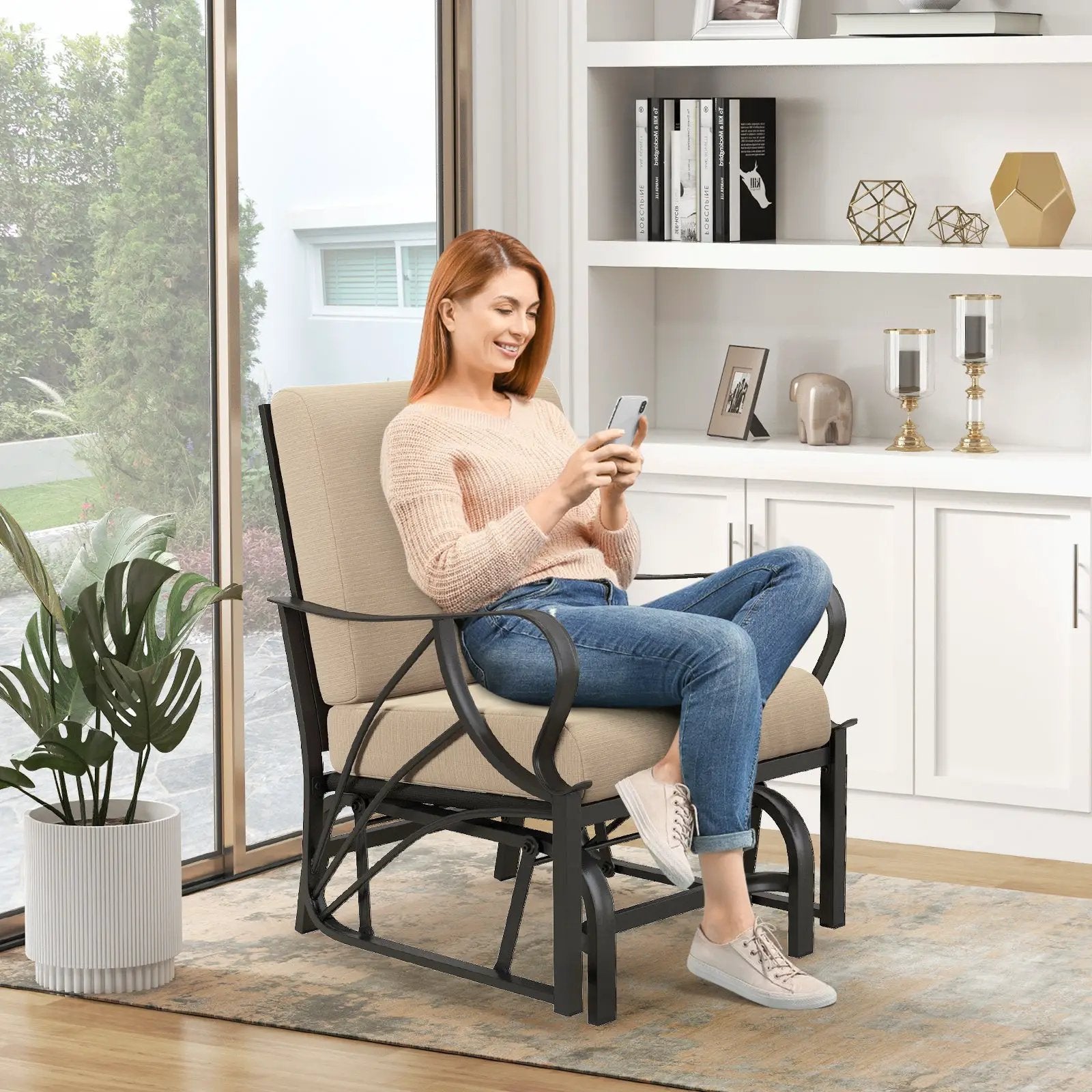 Patio Glider Rocking Chair with Thick Cushion and Curved Armrest by DirectDeals