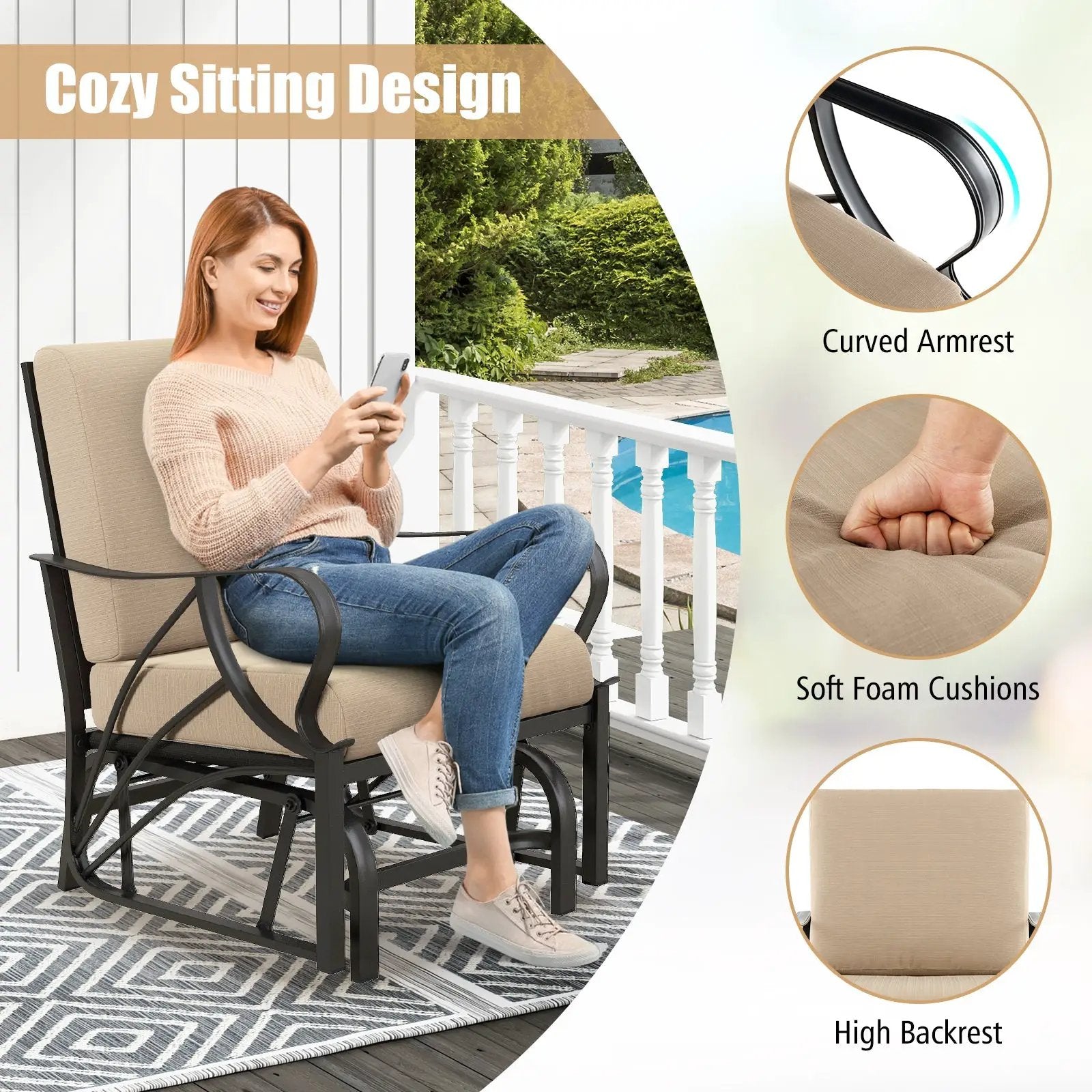 Patio Glider Rocking Chair with Thick Cushion and Curved Armrest by DirectDeals