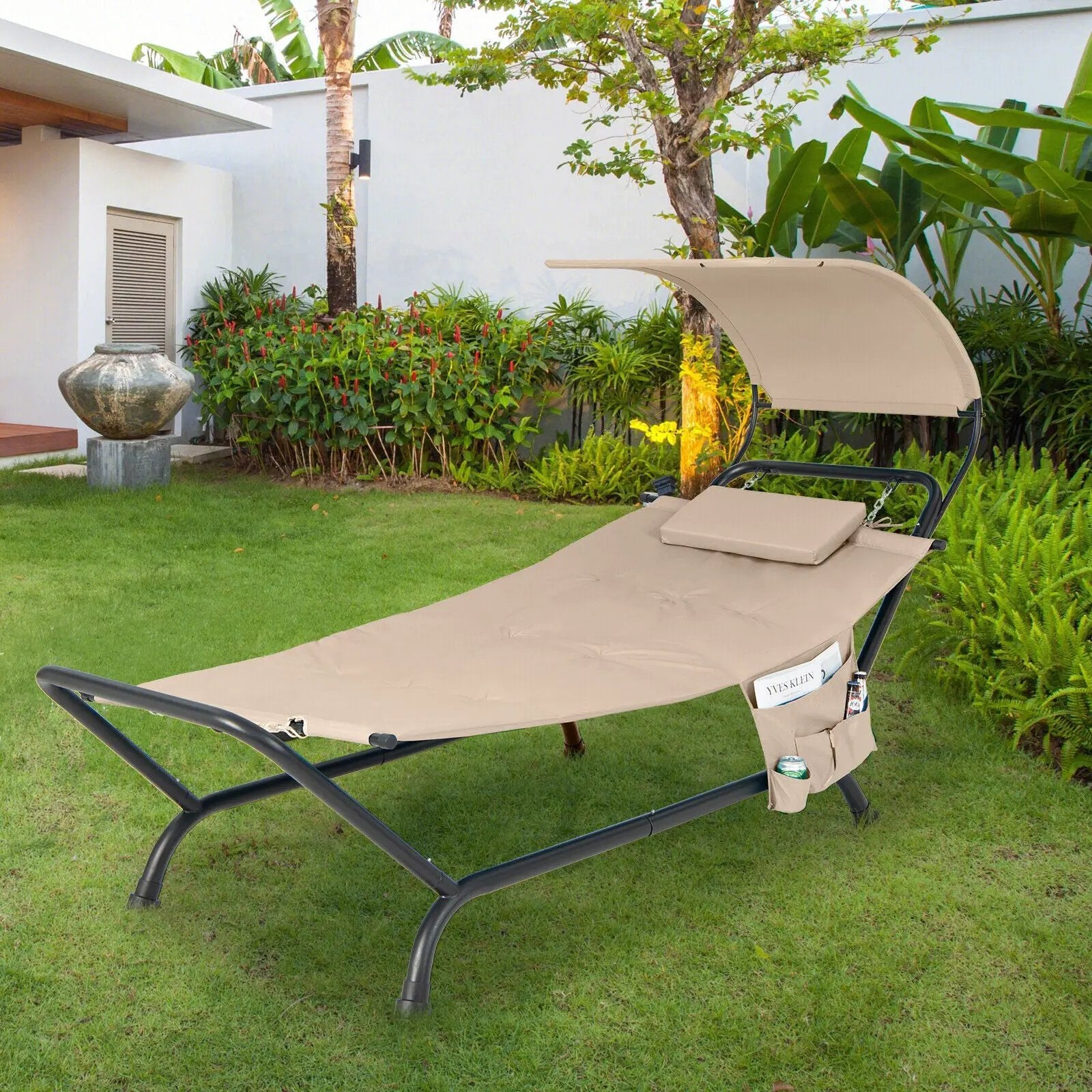 Patio Hanging Chaise Lounge Chair with Canopy Cushion Pillow and Storage Bag by DirectDeals