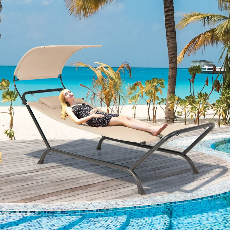 Patio Hanging Chaise Lounge Chair with Canopy Cushion Pillow and Storage Bag by DirectDeals