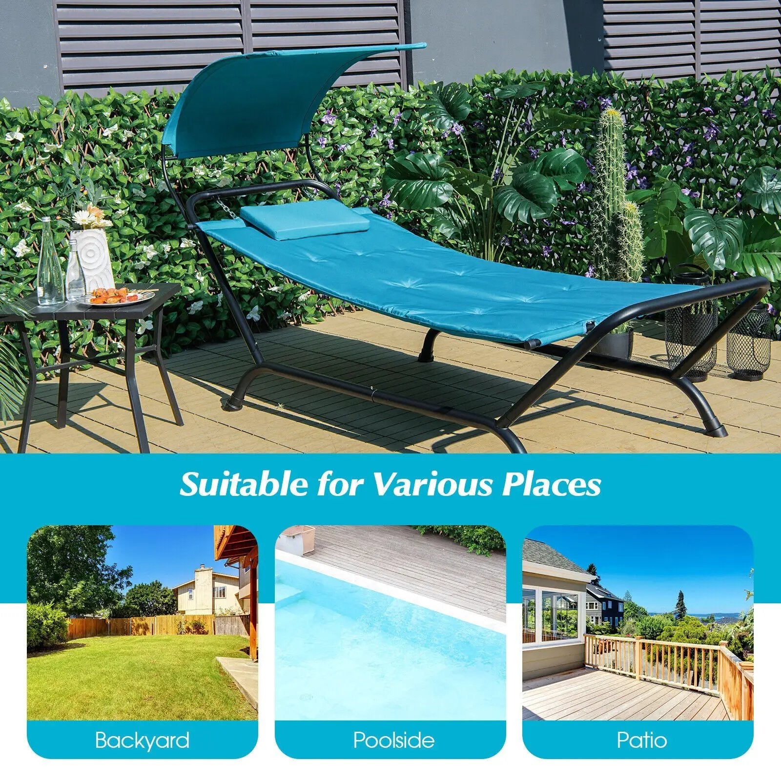 Patio Hanging Chaise Lounge Chair with Canopy Cushion Pillow and Storage Bag by DirectDeals