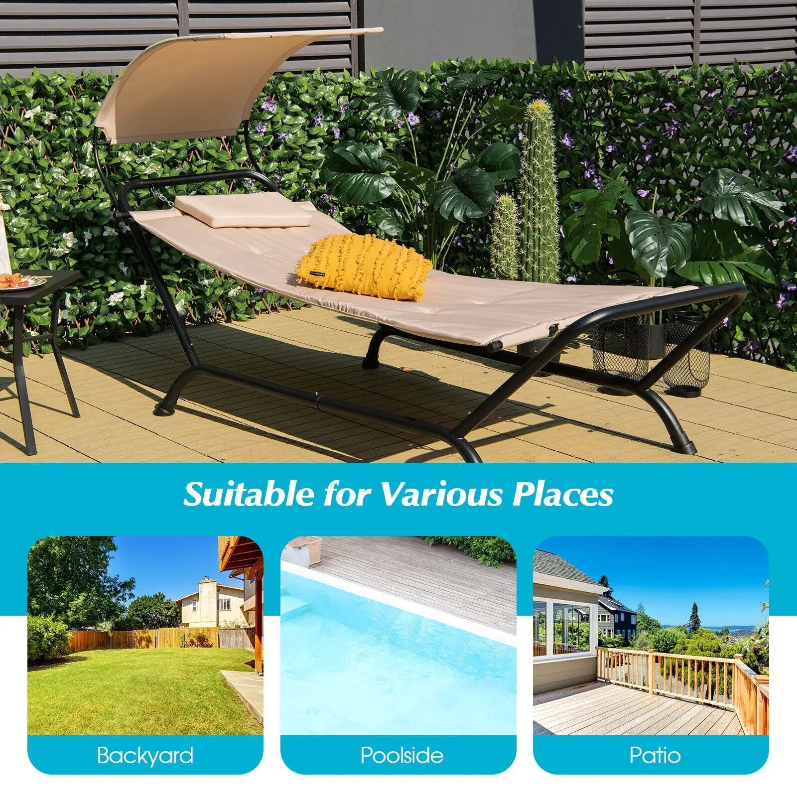 Patio Hanging Chaise Lounge Chair with Canopy Cushion Pillow and Storage Bag by DirectDeals