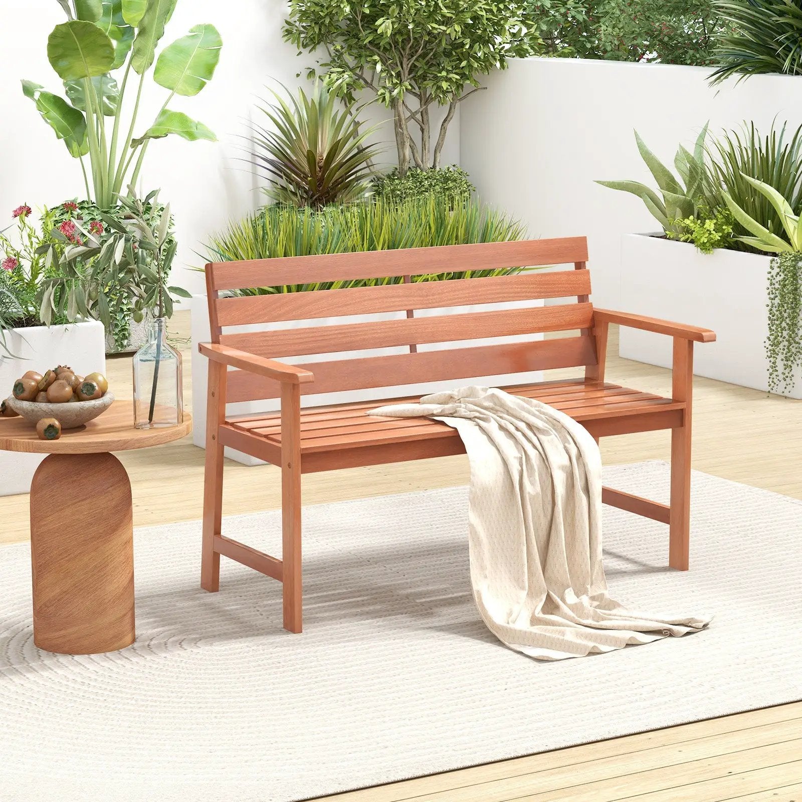 Patio Solid Wood Bench Wood 2-Seat Chair with Breathable Slatted Seat & Inclined Backrest by DirectDeals
