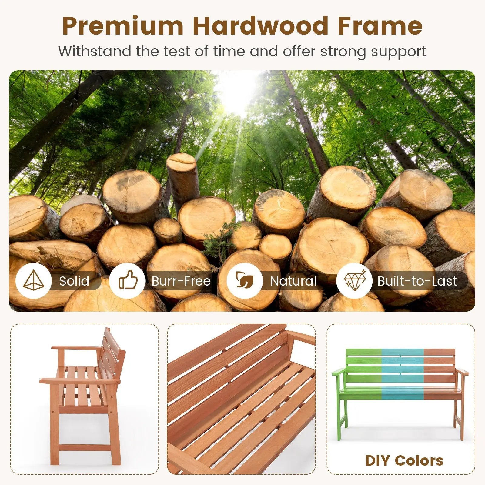 Patio Solid Wood Bench Wood 2-Seat Chair with Breathable Slatted Seat & Inclined Backrest by DirectDeals