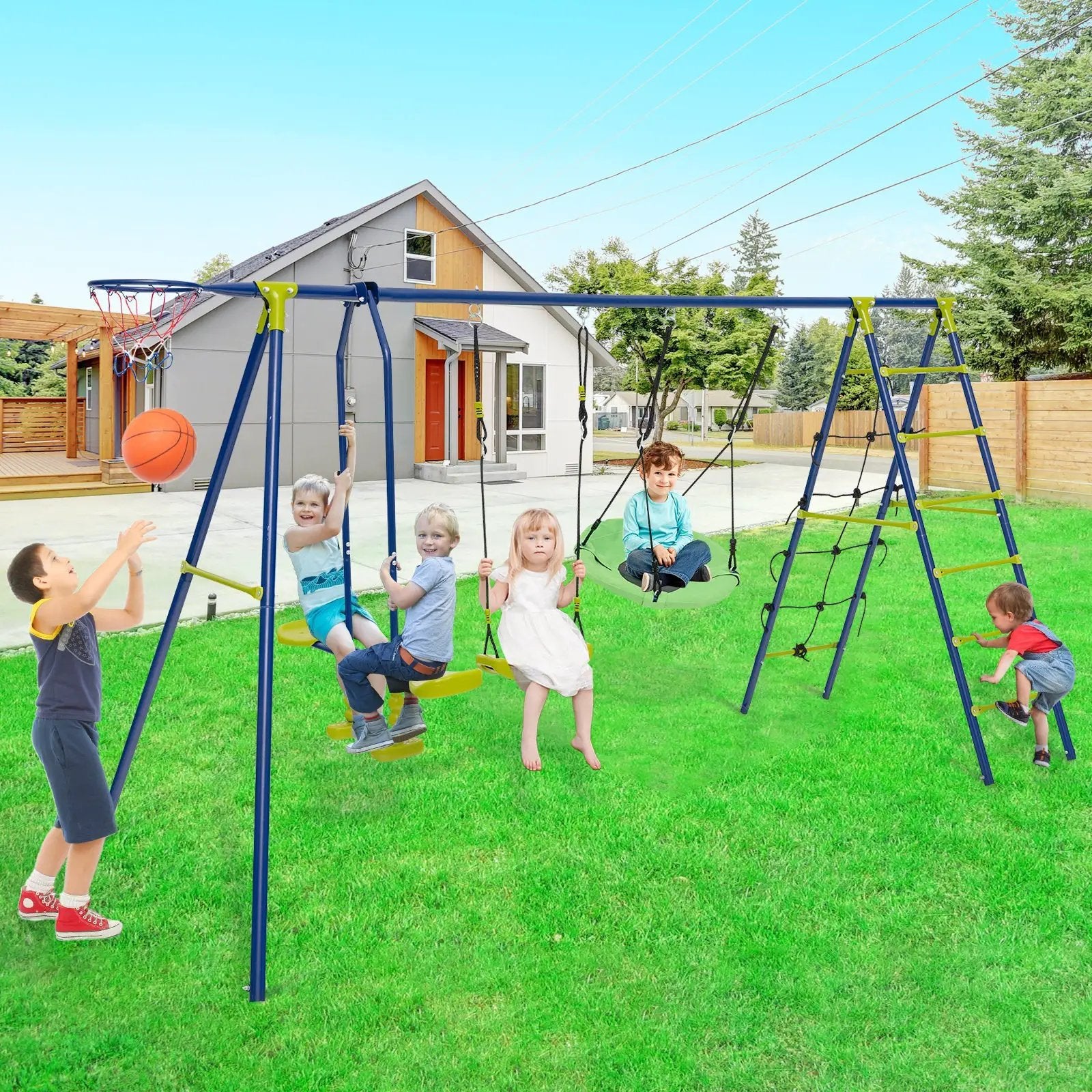550 LBS 6-in-1 Patio Kids Swing Set with Climbing Net and Ladder by DirectDeals