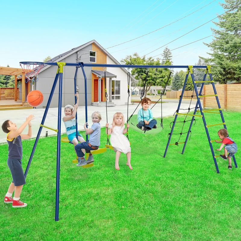 550 LBS 6-in-1 Patio Kids Swing Set with Climbing Net and Ladder by DirectDeals